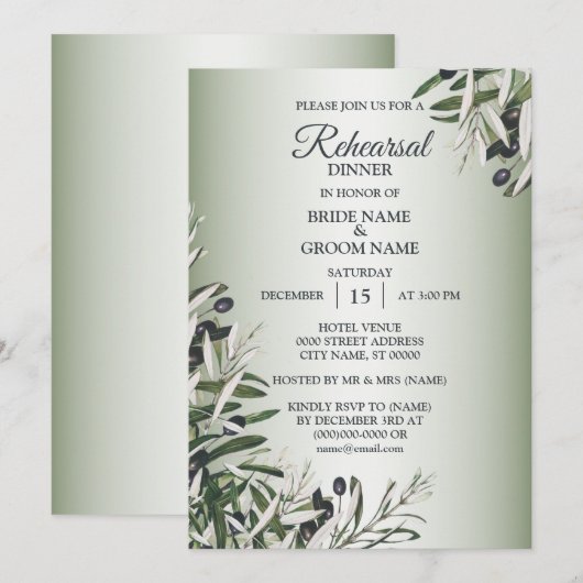 Invitation Green Leaves Black Olive Rehearsal Dinner Party (Devant / Derrière)