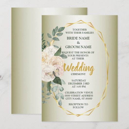 Invitation Green Leaves Pink Floral Golden Geometric Wedding (Devant / Derrière)