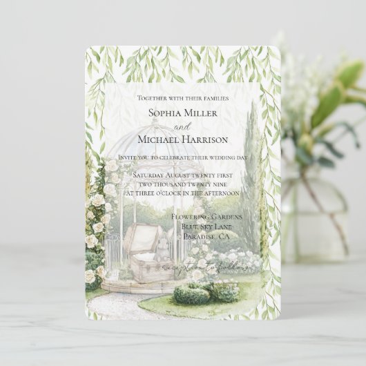 Invitation Green Leaves White Floral Love Bunny Wedding (Debout devant)
