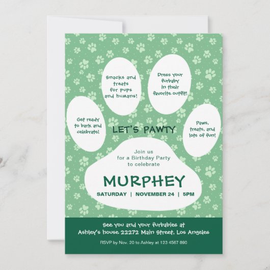 Invitation Green Let’s Pawty, Empreinte de patte (Devant)