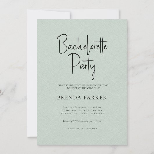 Invitation Green Linen Simple Noir Script Bachelortie (Devant)