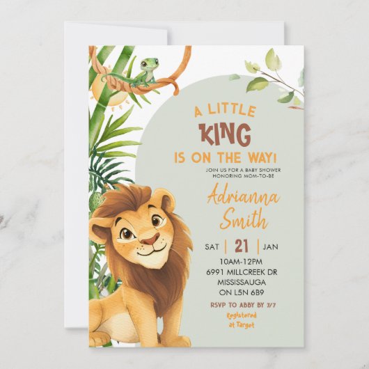 Invitation Green Lion Little King On The Way Baby Shower (Devant)