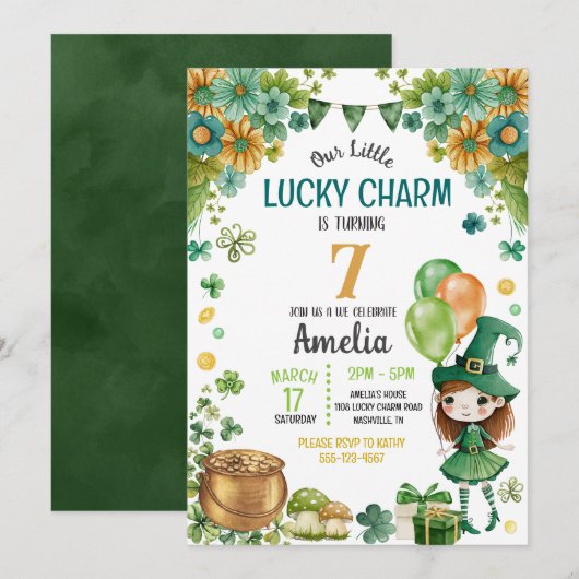 Invitation Green Little Leprechaun Girl St. Patricks Annivers (Devant / Derrière)