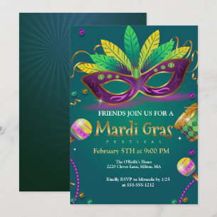 Invitation Green Mascarade turquoise Mardi Gras