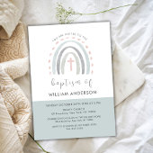Invitation Green Minimal Boho Rainbow Cross Boy Baptême garço
