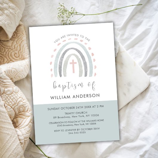 Invitation Green Minimal Boho Rainbow Cross Boy Baptême garço