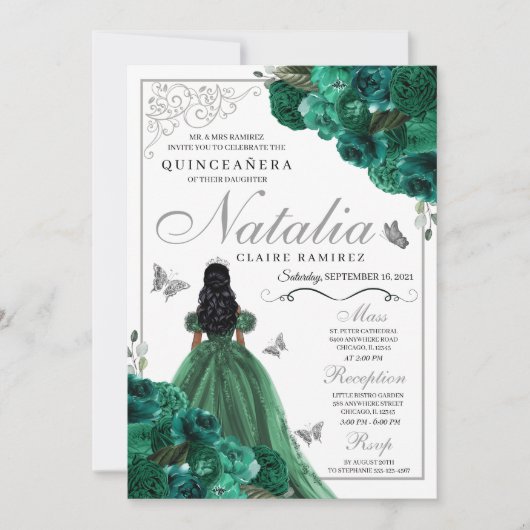 Invitation Green Mis Quince Anos Princess Robe Papillons (Devant)