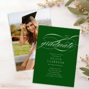 Invitation Green Modern Élégant Script Photo Graduation Party