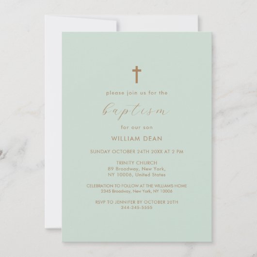 Invitation Green Modern Script Boho Gold Cross Baptême (Devant)