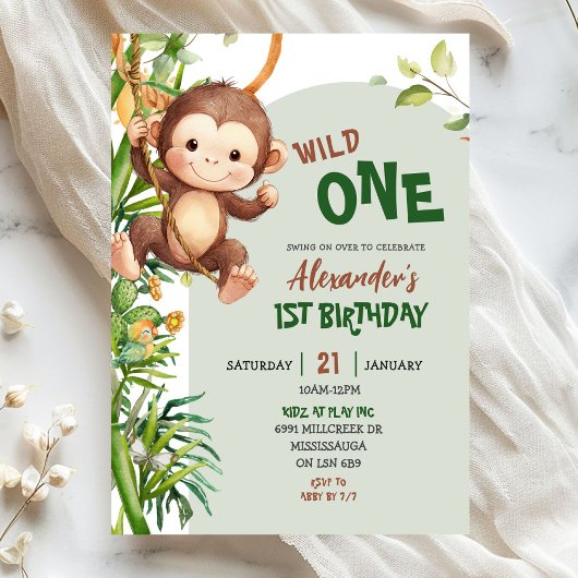 Invitation Green Monkey Wild One Safari First Birthday