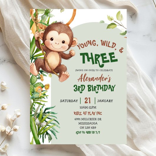 Invitation Green Monkey Young Wild Three Third Birthday