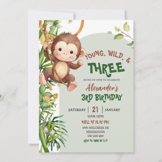 Invitation Green Monkey Young Wild Three Third Birthday (Devant)