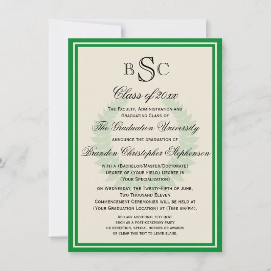 Invitation Green Monogram Laurel Classic College Graduation (Devant)