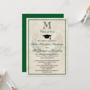 Invitation Green Monogram Wreath Classic College Graduation