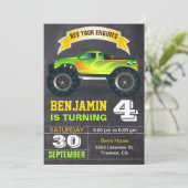 Invitation Green Monster Truck Anniversaire de enfant Party (Debout devant)