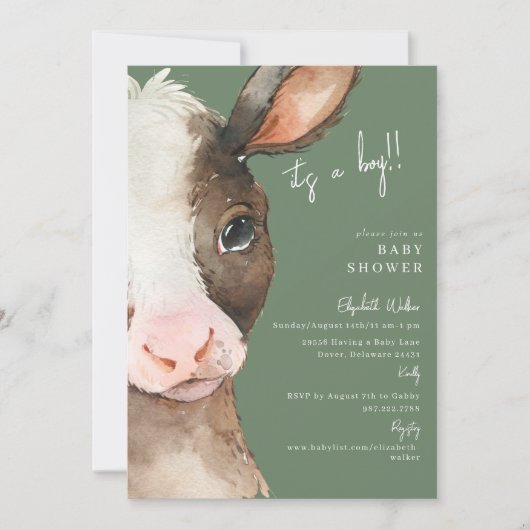 Invitation Green Moo-ving in Soon Cow C'est un Baby shower de (Devant)