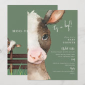 Invitation Green Moo-ving in Soon Cow C'est un Baby shower de (Devant / Derrière)