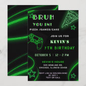 Invitation Green Neon Glow Pizza Jeux Bruh Anniversaire (Devant / Derrière)