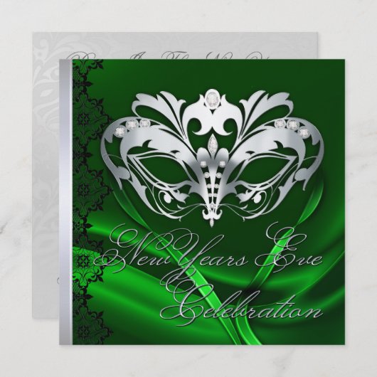 Invitation Green New Years Masquerade Argent (Devant / Derrière)