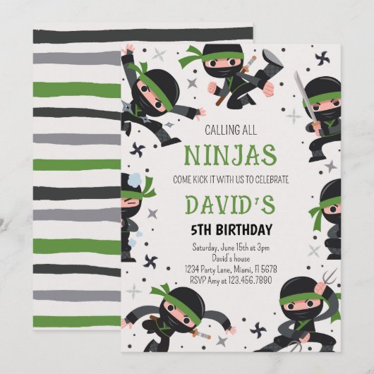 Invitation Green Ninja Guerrier Arts Martiaux Anniversaire (Devant / Derrière)