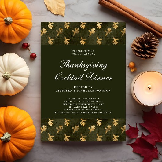 Invitation Green Oak Gold Leaf Thanksgiving Cocktail Party