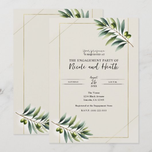 Invitation Green Olive Leaf Bone White Gold (Devant / Derrière)
