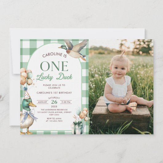 Invitation Green One Lucky Duck 1er Anniversaire Photo Invita (Devant)