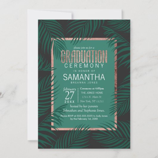 Invitation Green Palm Tree Feuille Black Rose Gold Graduation (Devant)