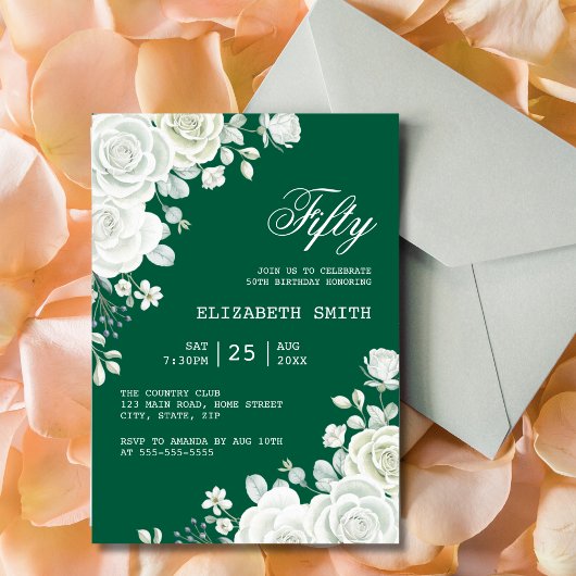 Invitation Green Pastel Rose blanche Floral Anniversaire