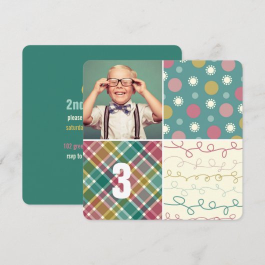 Invitation Green Patchwork Motif Carrés Boy Photo Anniversair (Devant / Derrière)