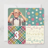 Invitation Green Patchwork Motif Carrés Boy Photo Anniversair (Devant)