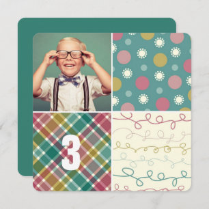 Invitation Green Patchwork Motif Carrés Boy Photo Anniversair