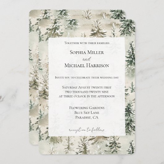 Invitation Green Pine Trees Wedding (Devant / Derrière)
