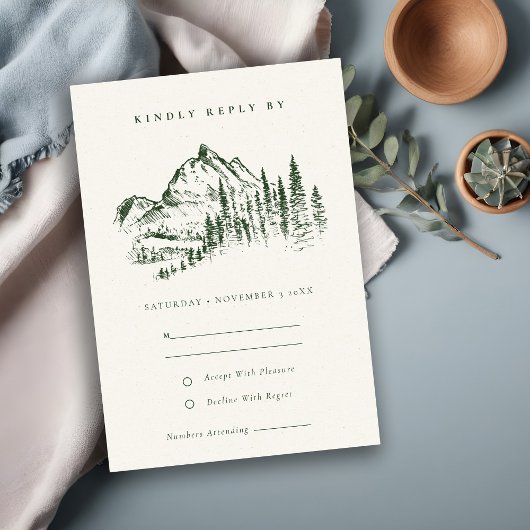 Invitation Green Pine Woods Mountain Sketch Wedding RSVP