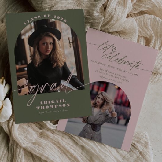 Invitation Green & Pink Arch Photo Script Graduation