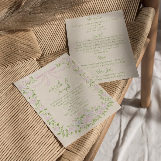 Invitation Green Pink Bow Floral Summer All In One Wedding
