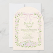 Invitation Green Pink Bow Floral Summer Arched Photo Wedding (Devant)