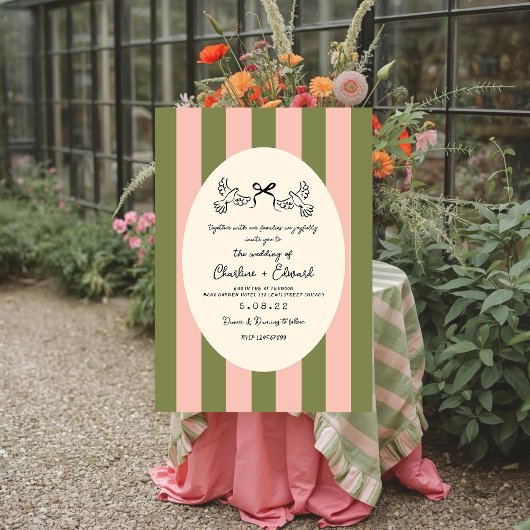Invitation Green Pink Hand drawn Striped Wedding 