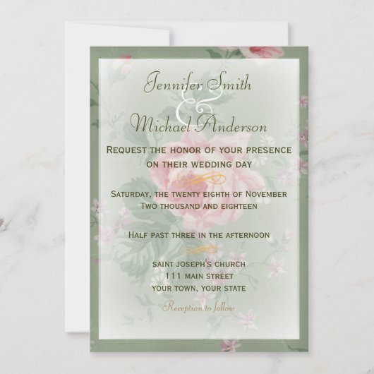 Invitation Green & Pink Rose Rose Simple Mariage (Devant)