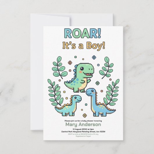 Invitation Green Pixelated Dinosaur Baby Shower party boy (Devant)