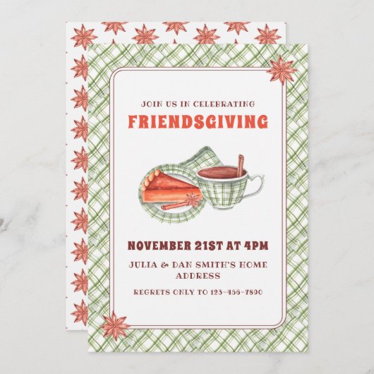 Invitation Green Plaid Citrouille Pie Thanksgiving Amical (Devant / Derrière)