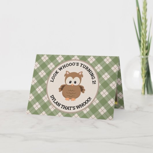 Invitation Green Plaid Cute Owl Photo 2e anniversaire (Devant)