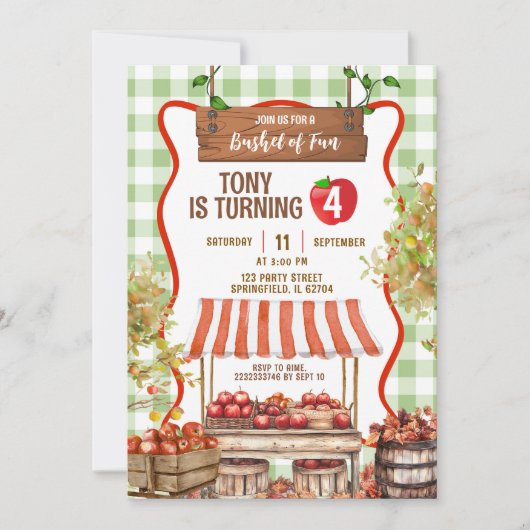 Invitation Green Plaid Quirky Apple Orchard Anniversaire (Devant)
