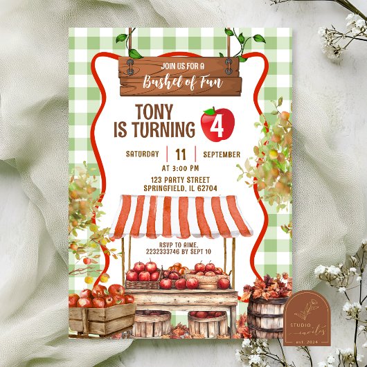 Invitation Green Plaid Quirky Apple Orchard Anniversaire