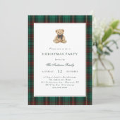 Invitation Green Plaid Teddy Bear Christmas Party (Debout devant)