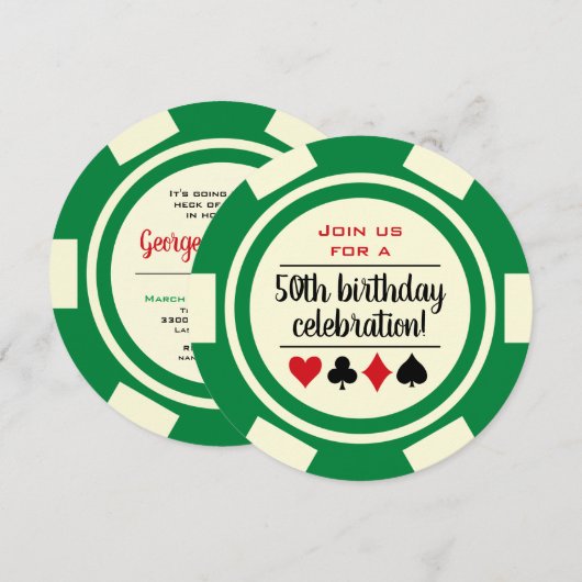 Invitation Green Poker Chip Casino Las Vegas Anniversaire (Devant / Derrière)