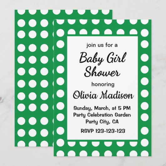 Invitation Green Polka Dot Mère À Être Mignonne Bébé Fille Do (Devant / Derrière)