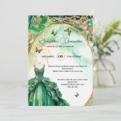 Invitation Green Quinceañera peony fleurs de ballon élégant (Debout devant)