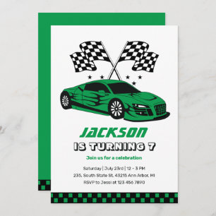Invitation Green Race Car Racing Enfants Garçons Anniversaire