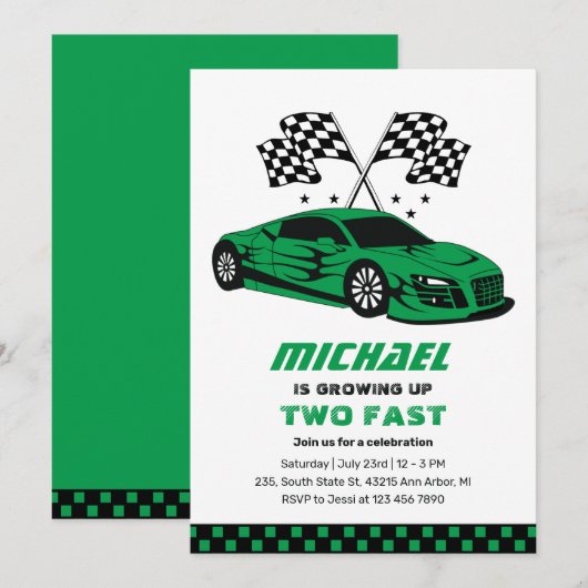 Invitation Green Race Car Two Fast Boys 2e anniversaire (Devant / Derrière)